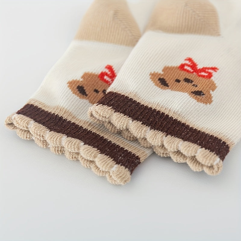 5 Pairs Kids Cartoon Bear Lace Crew Socks For Girls Khaki Short Tube All Season