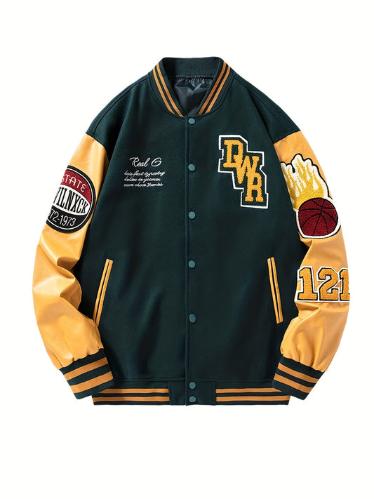 Vintage Embroidery Letter Varsity Jacket Men's Casual Block Button Up Jacket