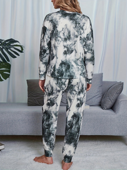 Tie Dye Print Lounge Set Long Sleeve Top & Pants Women's Loungewear
