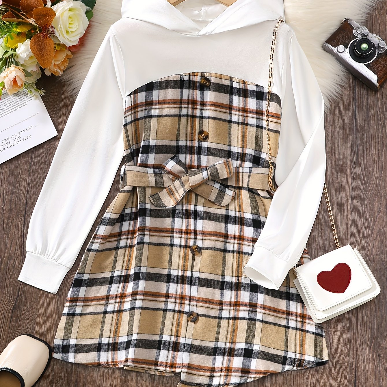 Plaid Hoodie Dress Tween Girls A Line Casual Belted Dress