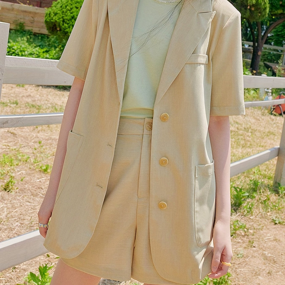 Short Sleeve Blazer Casual Button Front Solid Outerwear