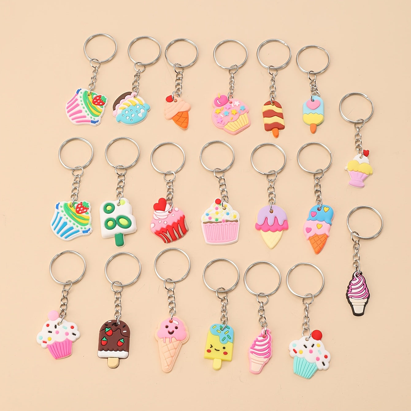 20pcs Cartoon Ice Cream Keychain PVC Key Ring Purse Bag Backpack Car Charm