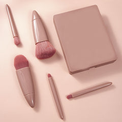 5pc Makeup Brush Set w/ Mirror & Storage Box Portable Soft Fiber Cosmetic Kit