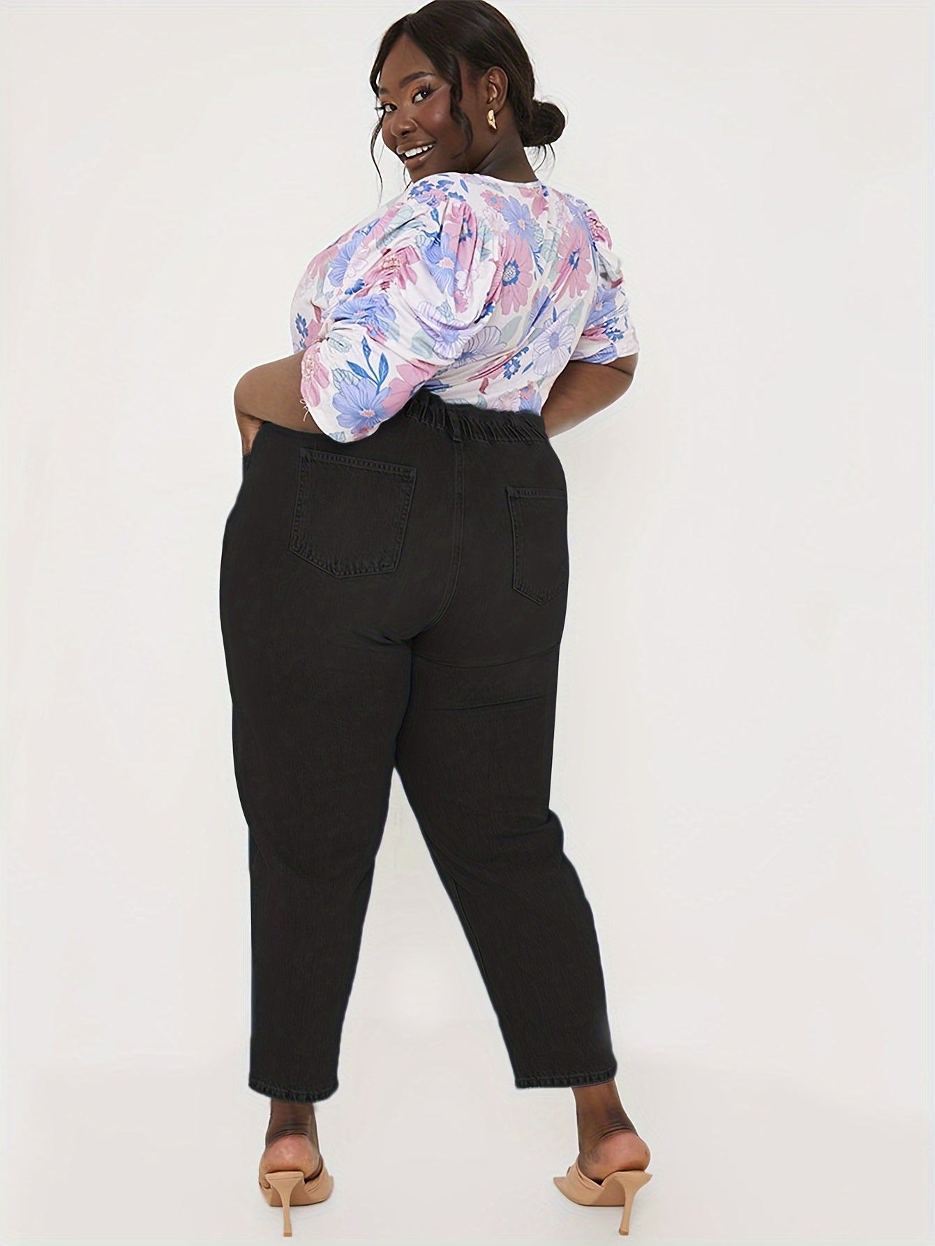  Casual Jeans Women's Plus Solid Elastic Button Fly High Rise
