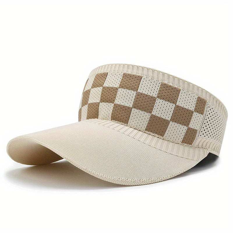 Plaid Pattern Knitted Visor Hat Elastic UV Protection Ponytail Sun Hats