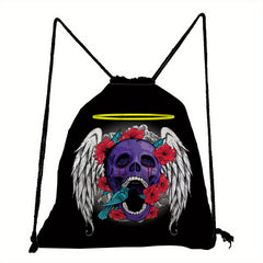 Skull & Flower Print Backpack Drawstring Sports Bag Lightweight Punk Gym Bag