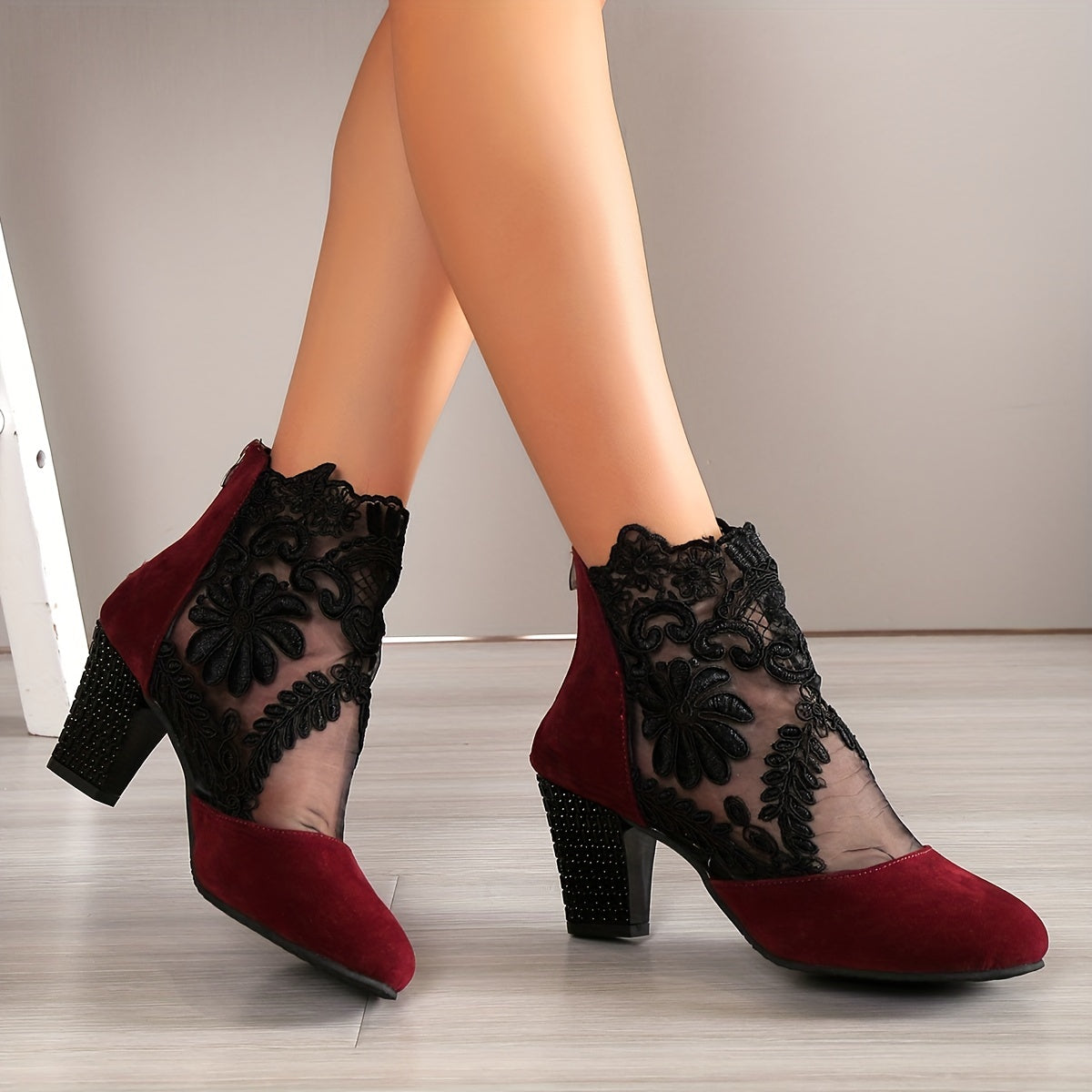Women's Mesh Block Heel Boots Embroidered Back Zip Ankle Boots