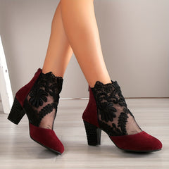 Women's Mesh Block Heel Boots Embroidered Back Zip Ankle Boots
