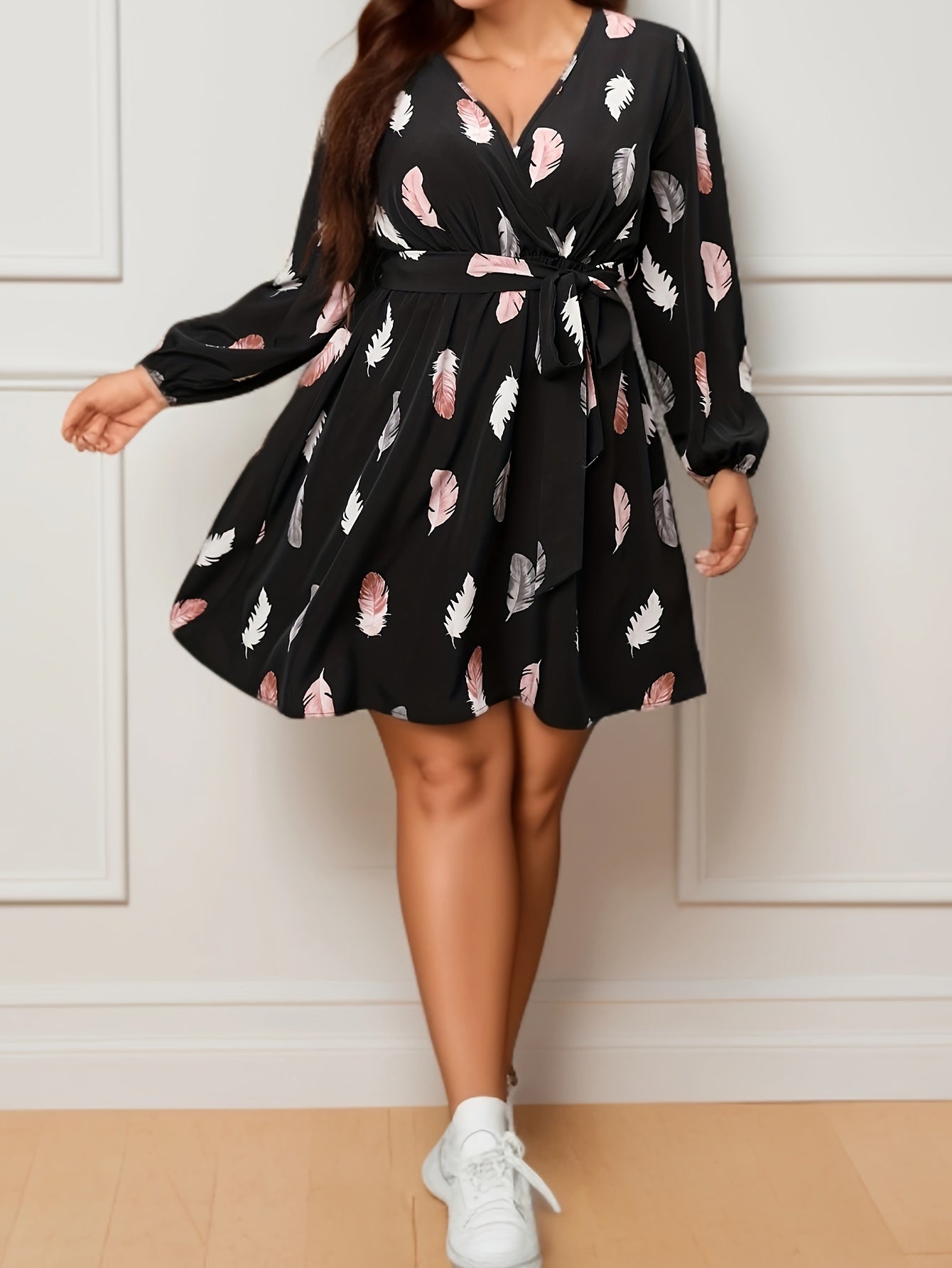 Feather Print Lantern Sleeve Mini Dress With Belt