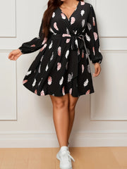 Feather Print Lantern Sleeve Mini Dress With Belt