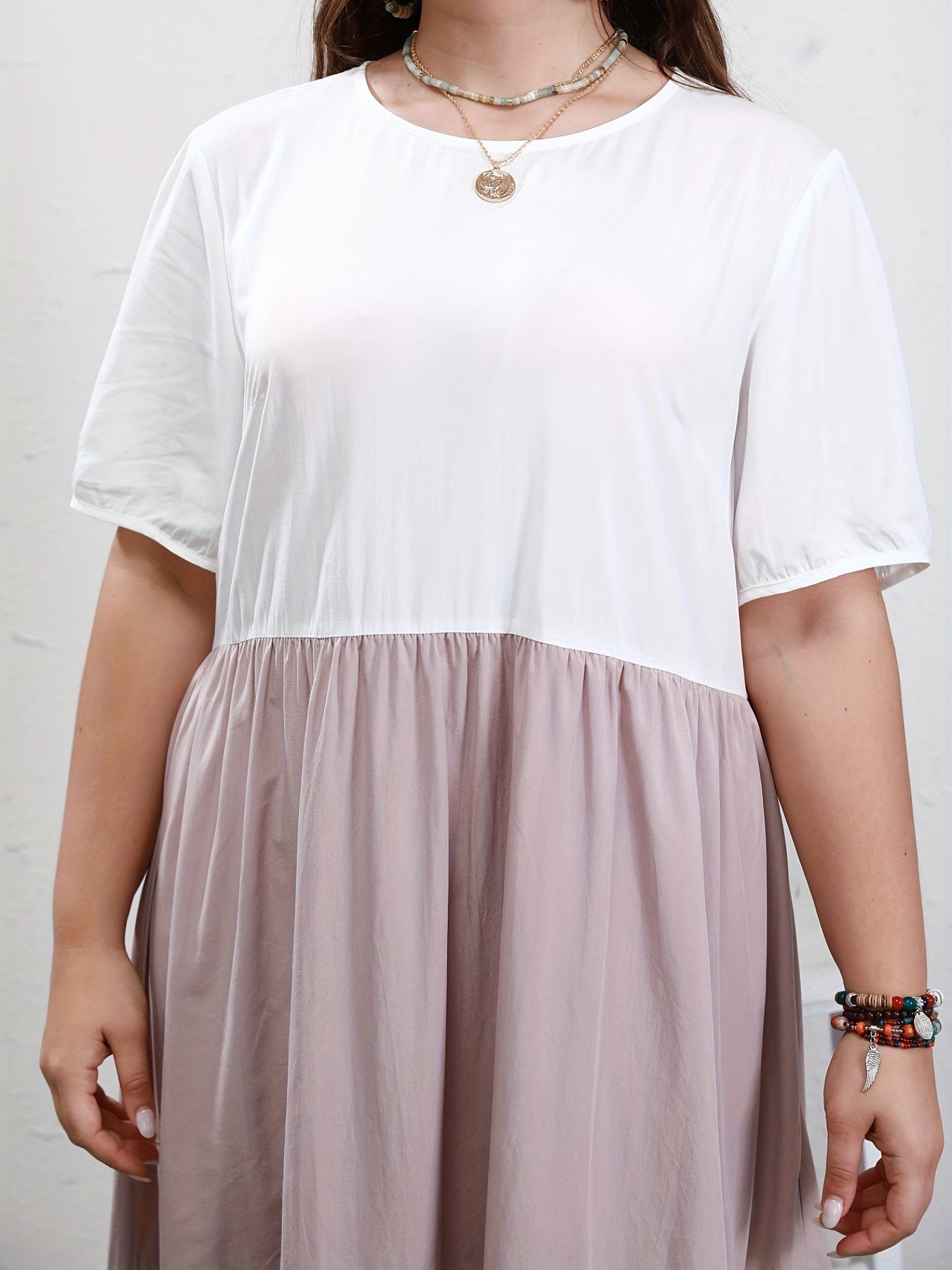  Colorblock Short Sleeve Round Neck Midi Smock Dress