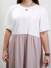  Colorblock Short Sleeve Round Neck Midi Smock Dress
