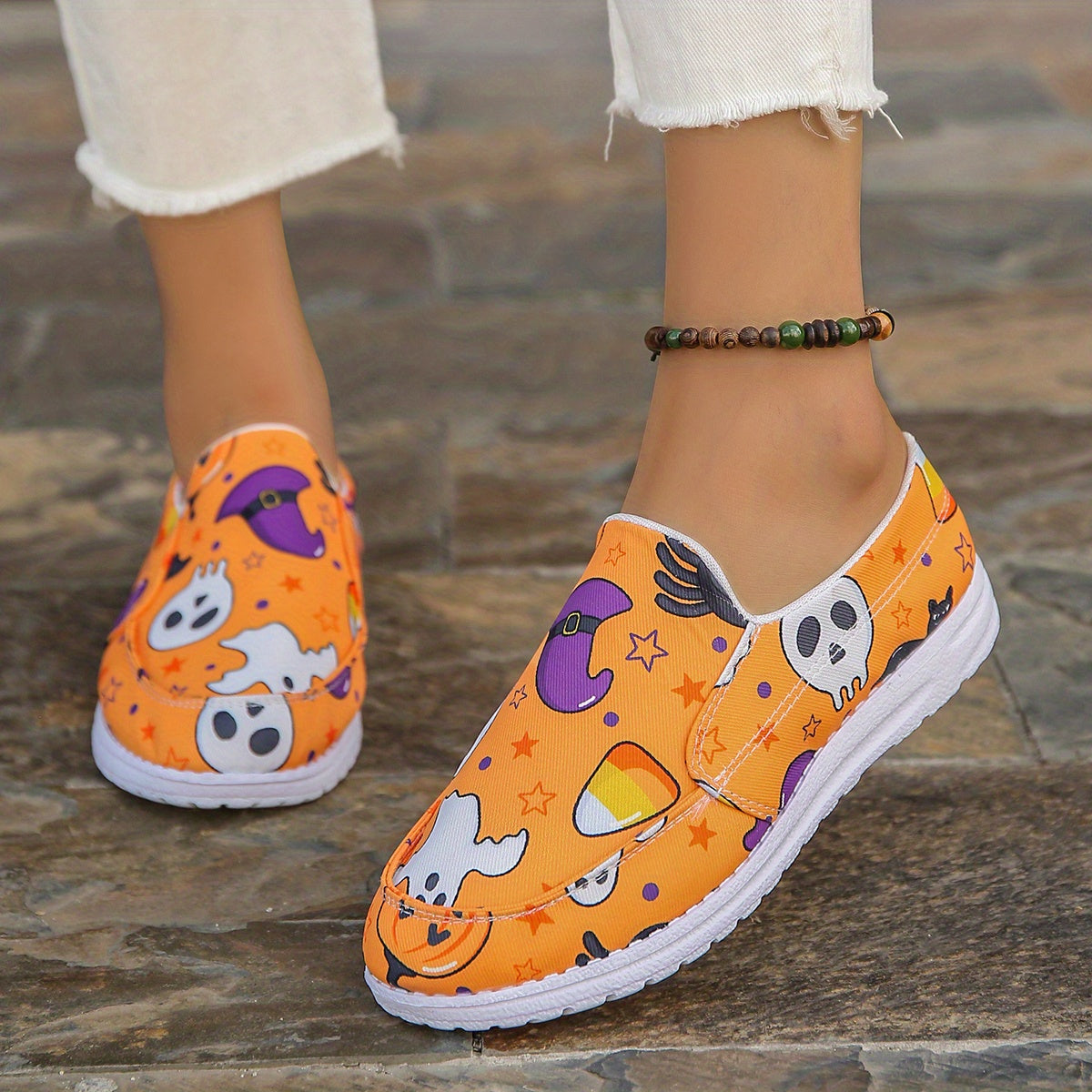 Women's Halloween Canvas Shoes Pumpkin Ghost Print Slip On Shoes
