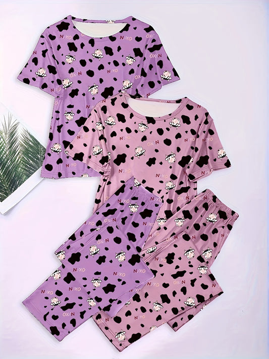 Women's Plus Cow Print Tee & Pants Pajamas 4-Piece Set