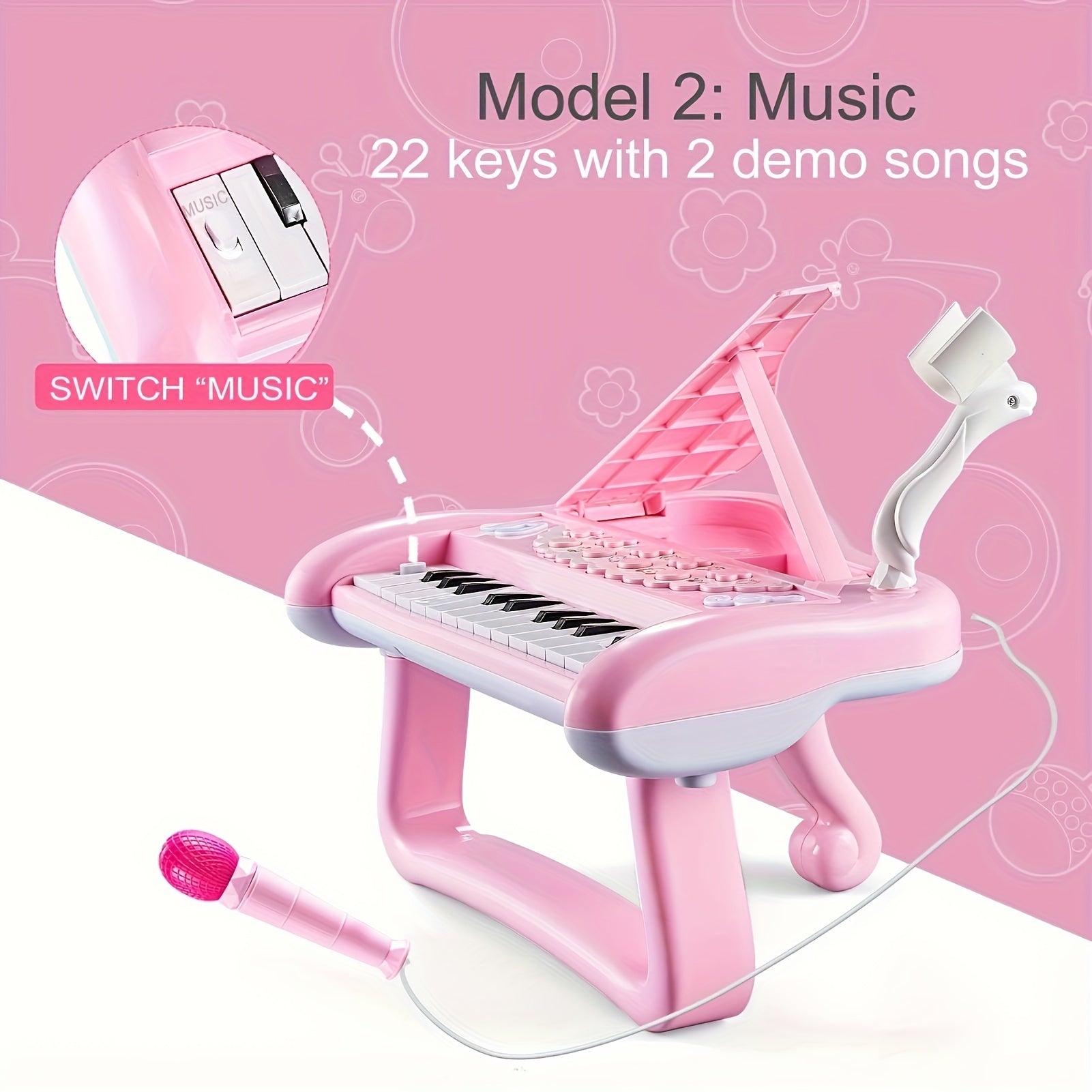 Pink Piano Toy with Microphone for Girls