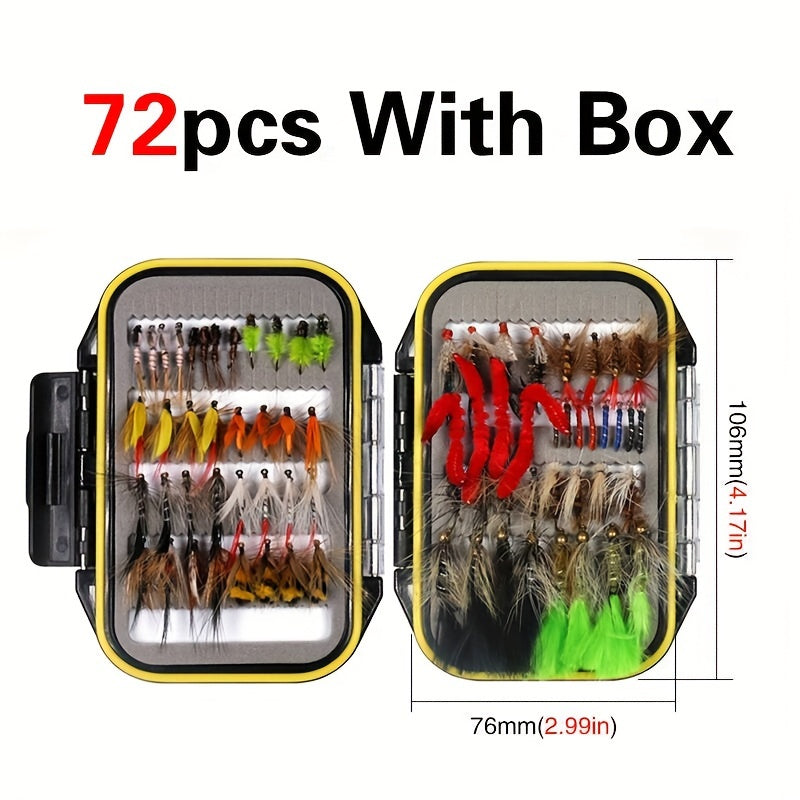 72 Trout Fishing Flies Dry Wet Nymph Midge Larvae Set With Fly Box