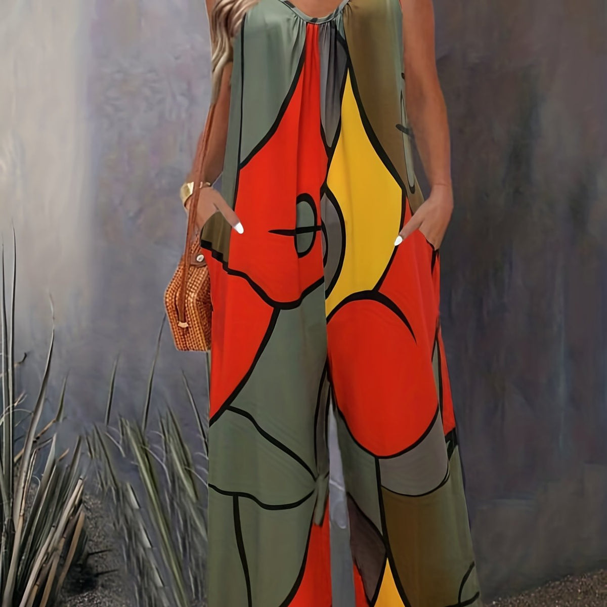 Abstract Print Sleeveless Jumpsuit
