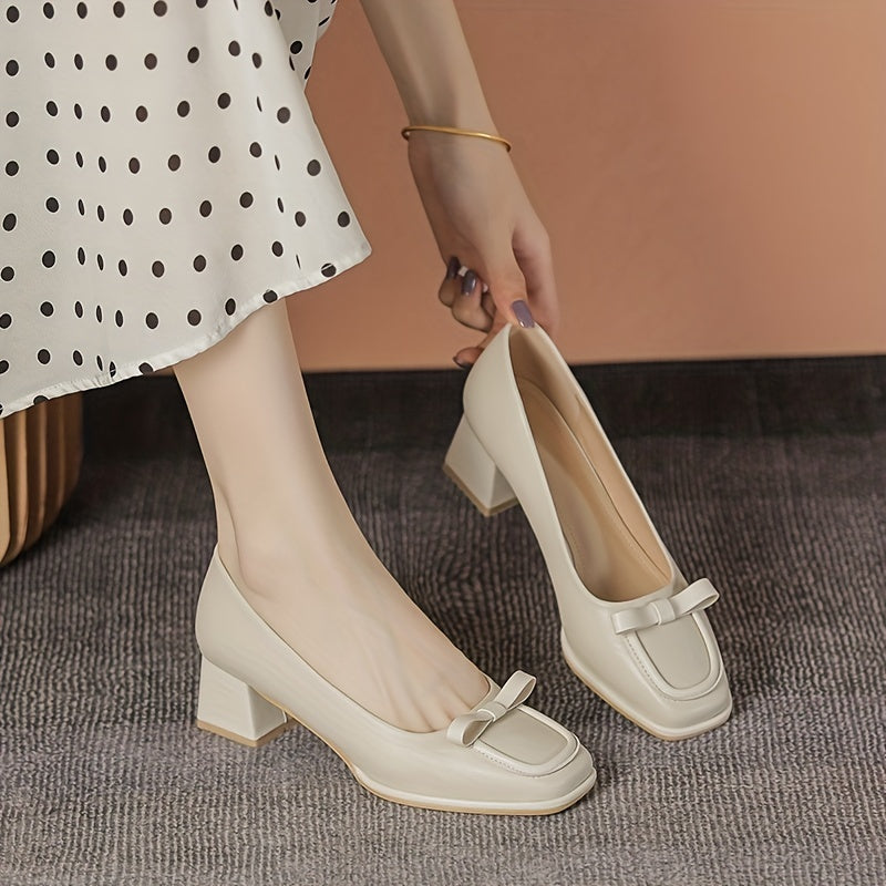Chunky Mid Heel Square Toe Slip-On Shoes with Bow French Style Pumps