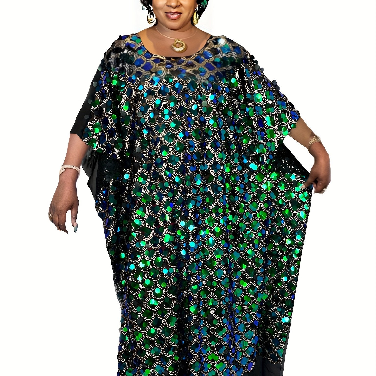 Women's Plus Glitter Sequin Batwing Sleeve Maxi Dress