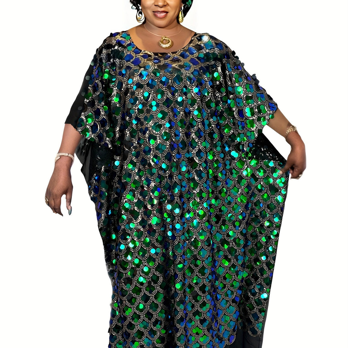 Women's Plus Glitter Sequin Batwing Sleeve Maxi Dress