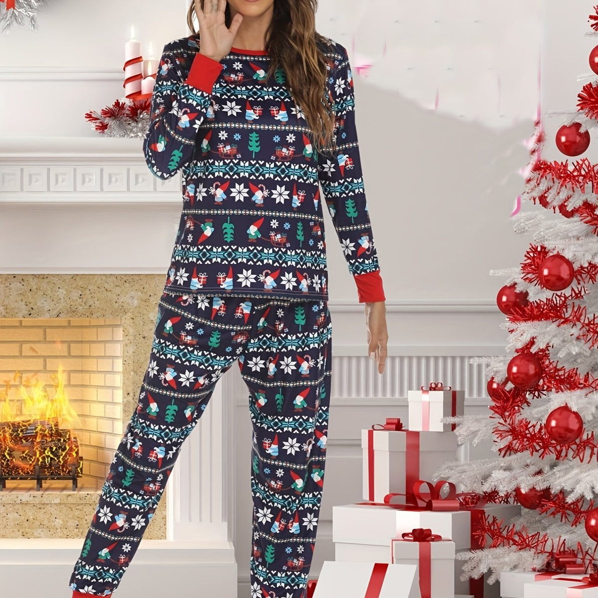 Christmas Print Lounge Set Long Sleeve Top & Pants Women's Loungewear