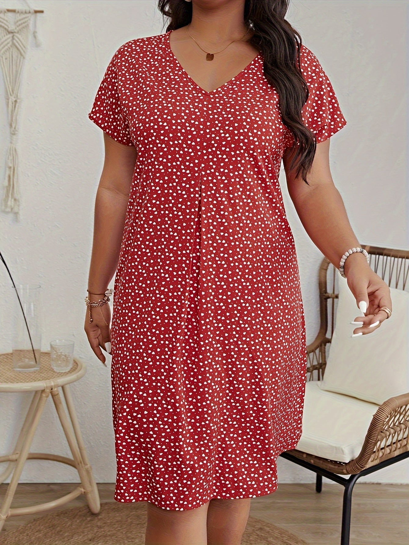  Casual Dress Women's Plus Allover Ditsy Print V Neck Dress