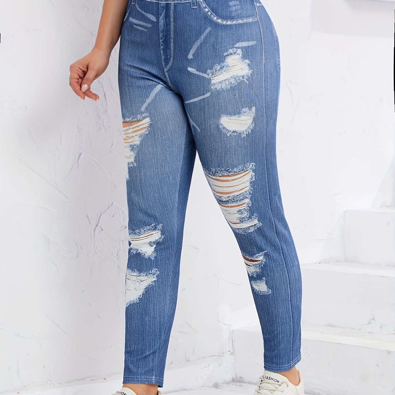 High Waist Ripped Slim Jeggings for Women