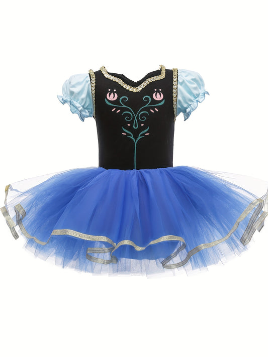 Girls Floral Embroidery Tulle Tutu Mesh Puff Sleeve Princess Ballet Dance Dress