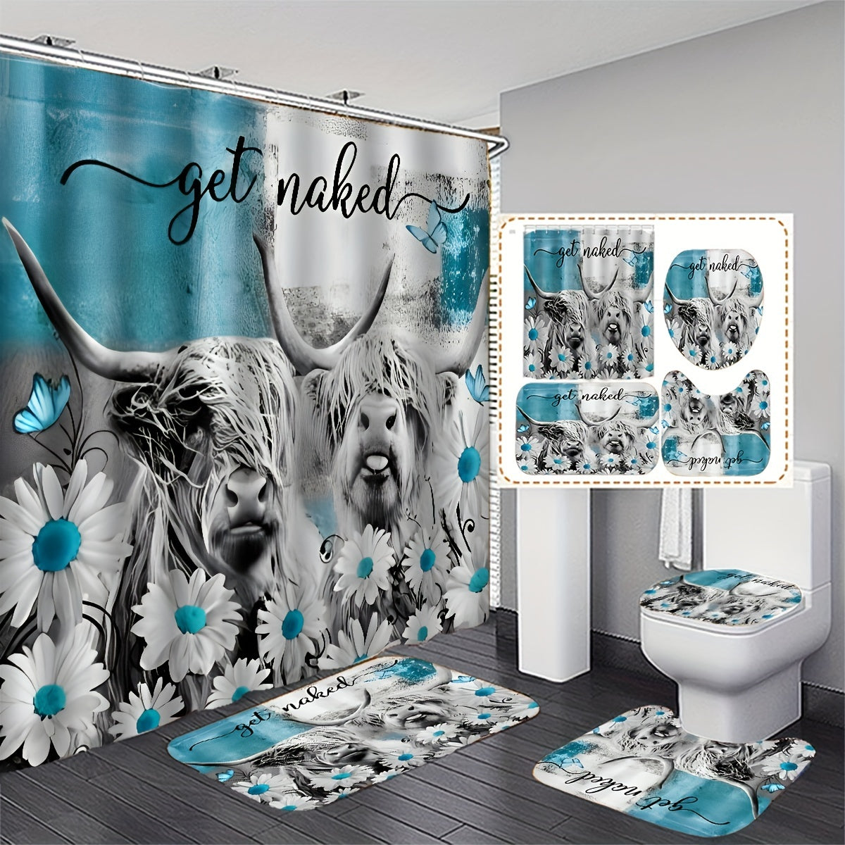 Highland Cow Shower Curtain Toilet Seat Bath Mat Set