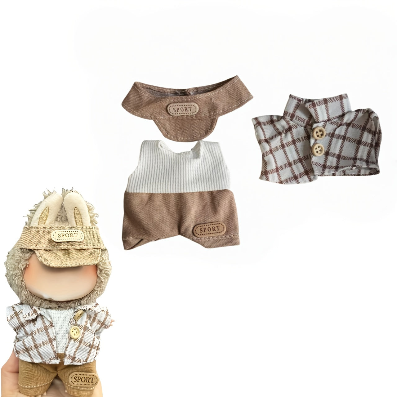 3pcs 6.69in Doll Outfit Set Plaid Hat & Glasses Casual Look