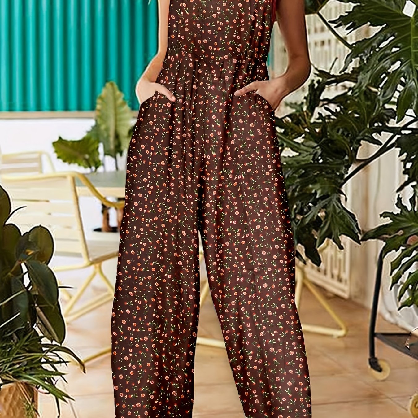 Floral Print Dual Pocket Overall Jumpsuit