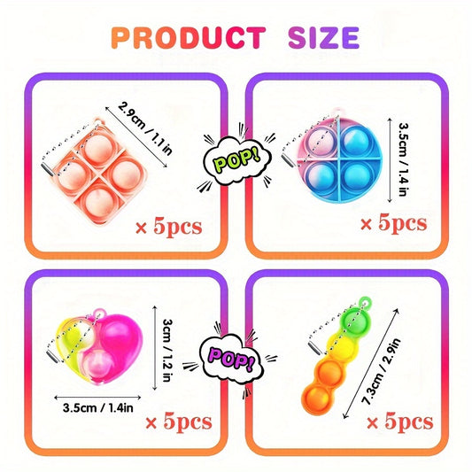 20pcs Silicone Pop Toys Keychain Assorted Colors 4 Shape for Birthday Party Favo
