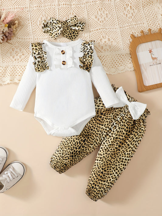 Baby Girl Leopard Print Romper Trousers Set