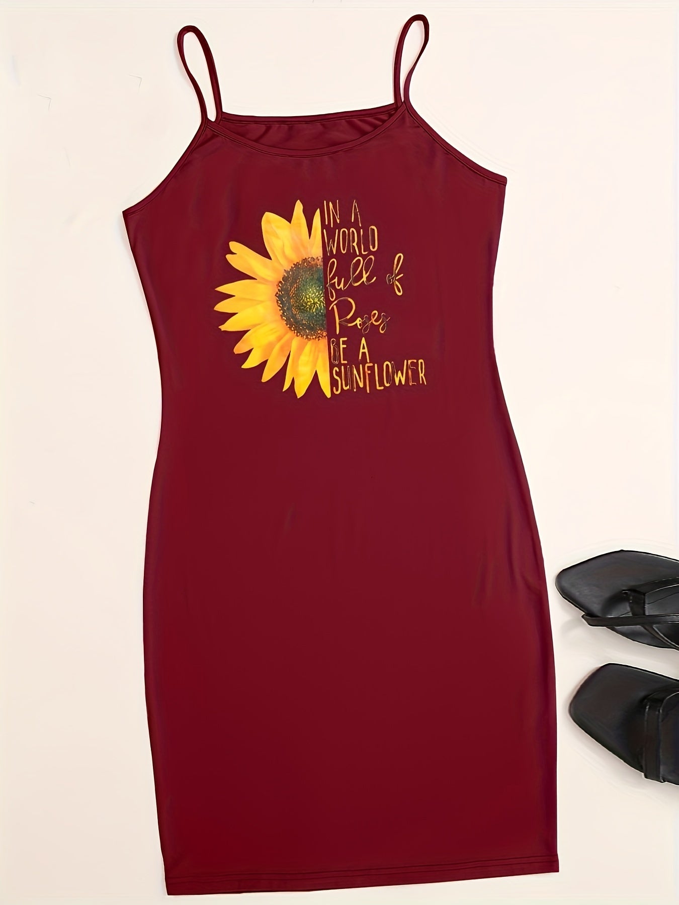  Slogan & Sunflower Print Cami Dress