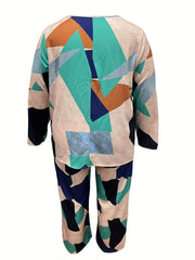 Women's Plus Geometric Print Crew Neck Top & Pants Set