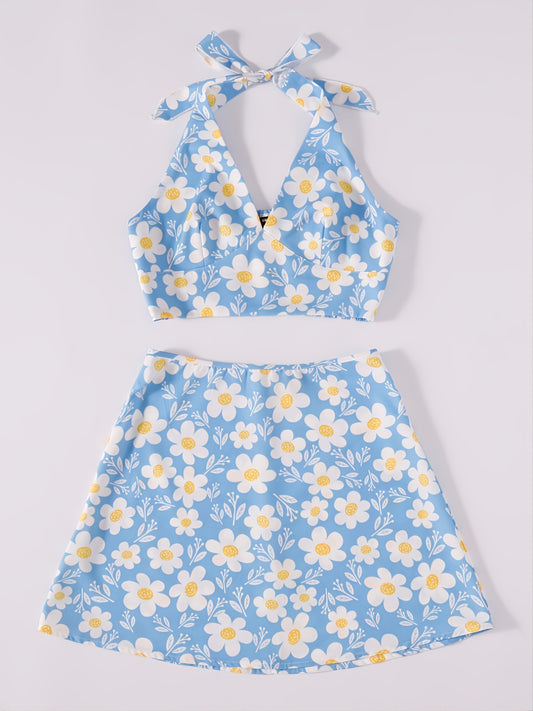 Floral Print Cami Tops & High Waist Vacation Skirts Set