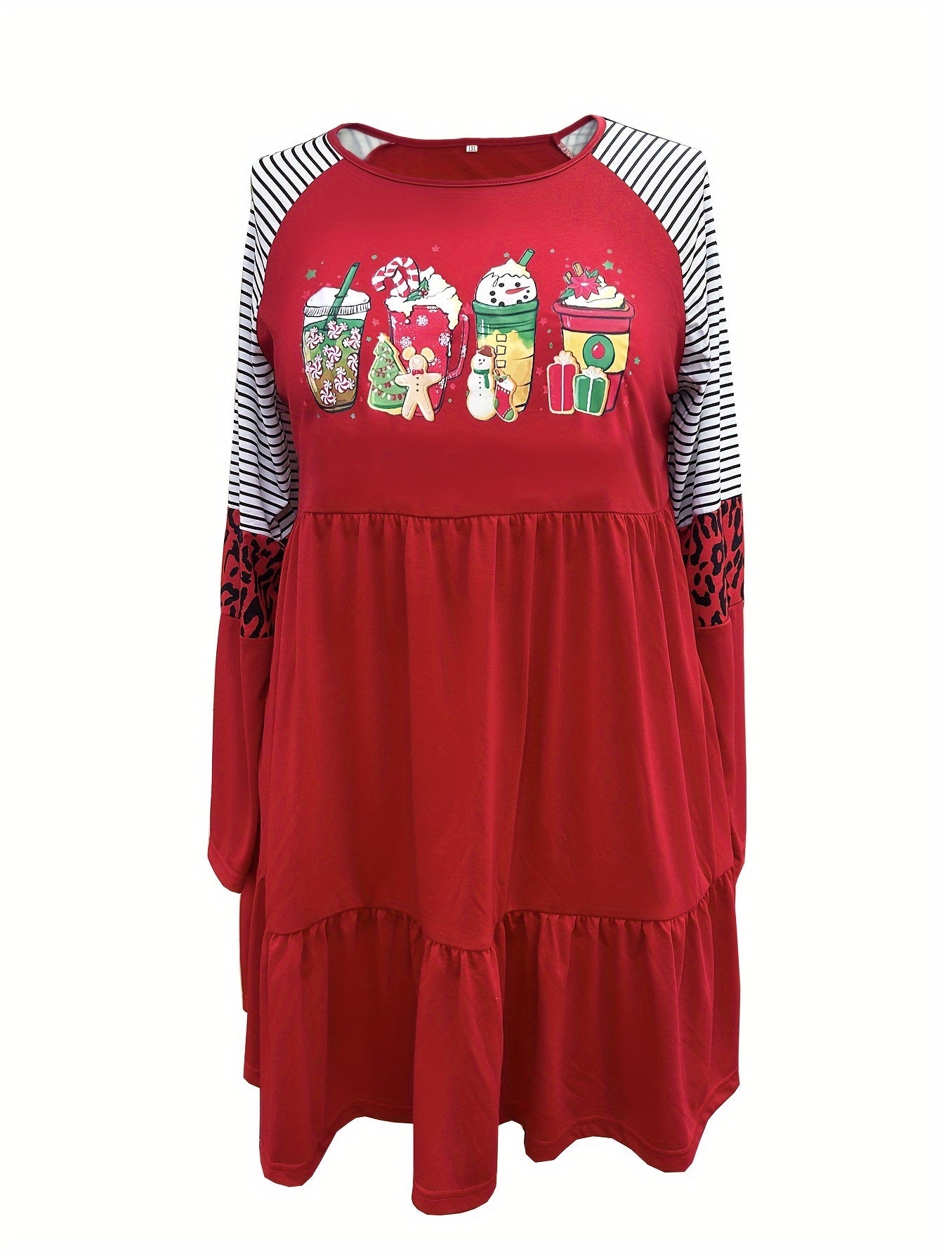  Christmas Coffee & Stripe Leopard Print Mini Dress