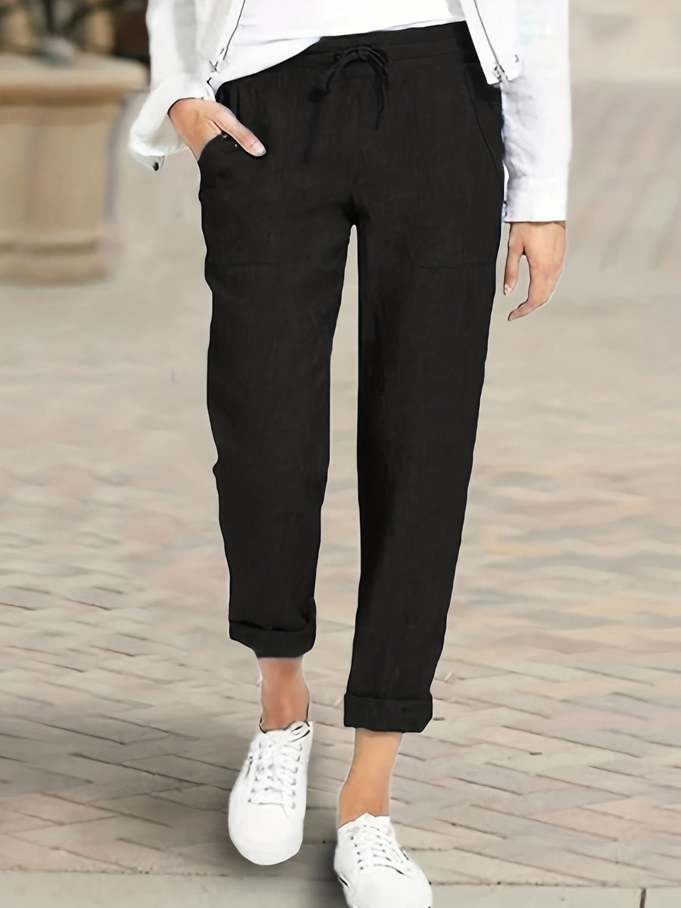 Solid Straight Leg Drawstring Pants With Pockets
