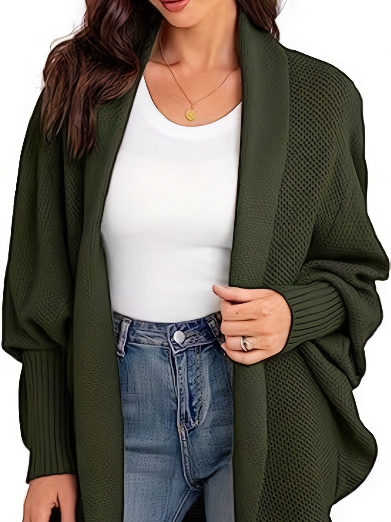  Solid Batwing Sleeve Shawl Collar Open Front Cardigan