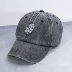 Distressed Baseball Cap Rose Embroidery Adjustable Sun Hats