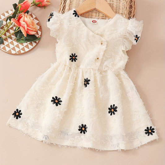 Baby Girls Floral Embroidery Ruffle Sleeve V neck Dress Clothes