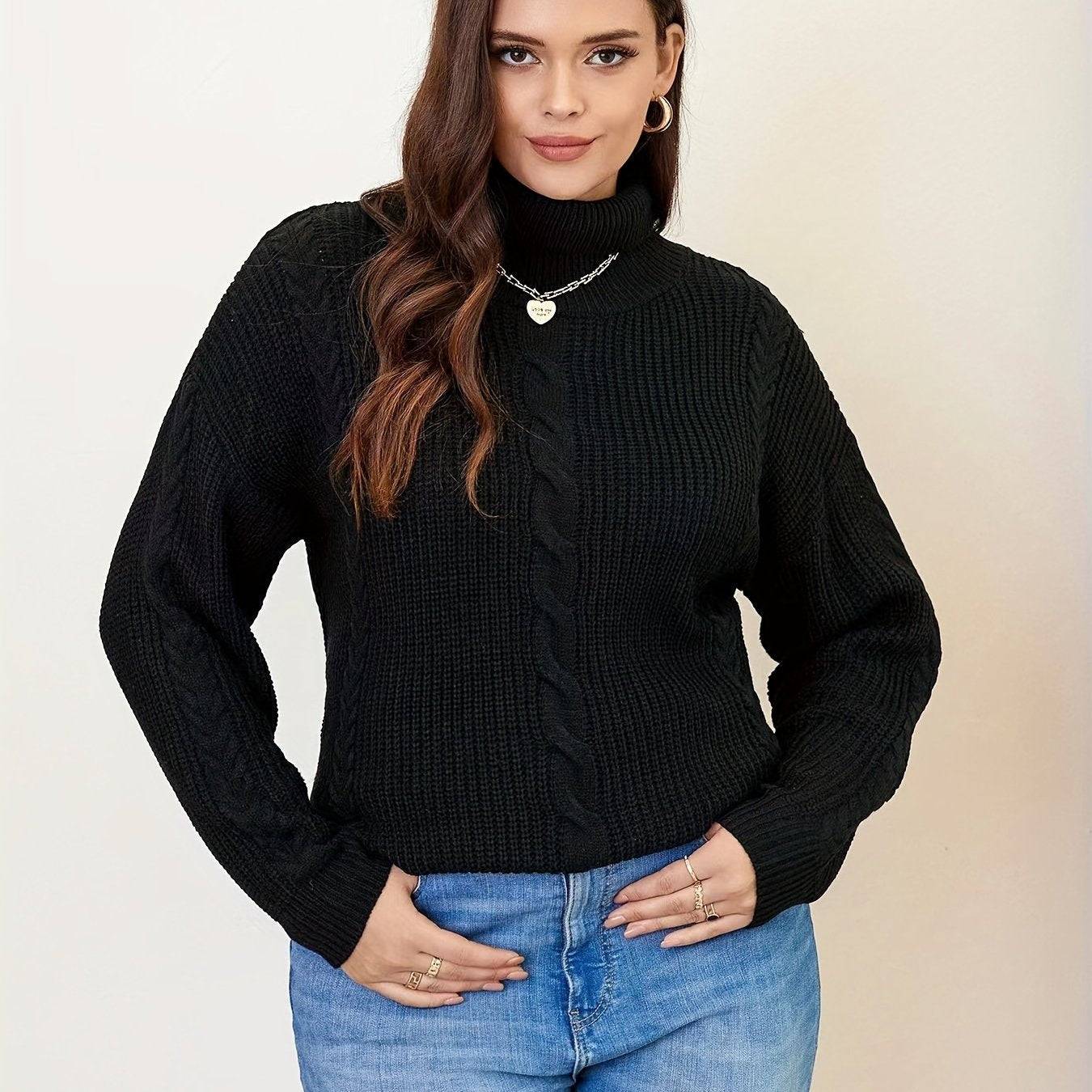  Solid Cable Long Sleeve Turtle Neck Sweater