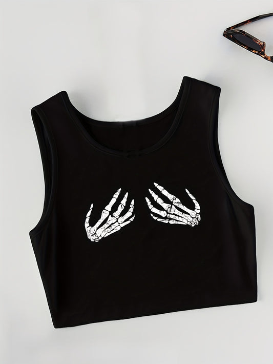 Skull Hands Print Tank Top Sexy Crew Neck Summer Sleeveless Top