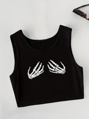 Skull Hands Print Tank Top Sexy Crew Neck Summer Sleeveless Top