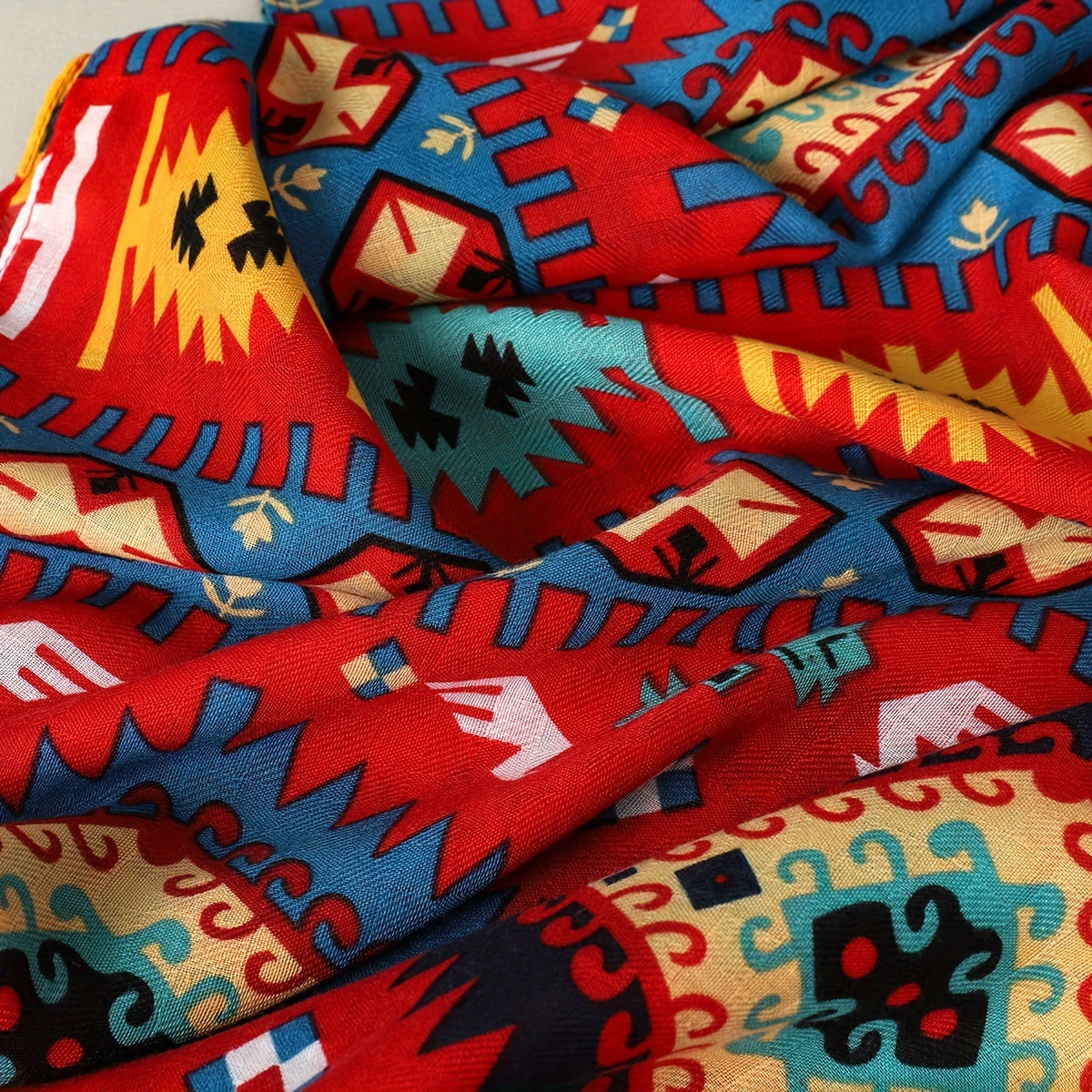 Red Geometric Print Tassel Scarf Bohemian Warm Shawl Windproof Head Wraps