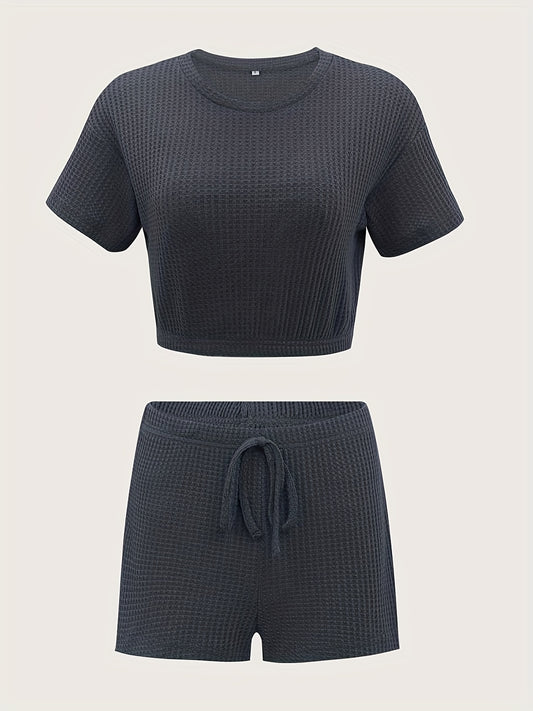 Waffle Casual Two piece Set Short Sleeve Crop Top & Drawstring Shorts