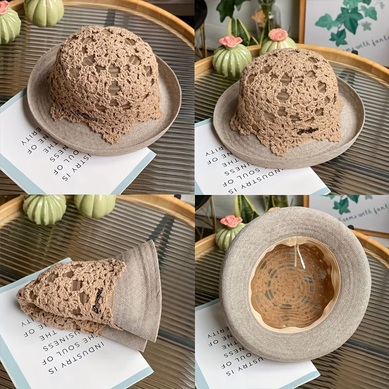 Flower Hollow Knitted Sun Hat Bucket Hat Foldable Cloche Hats for Women Summer