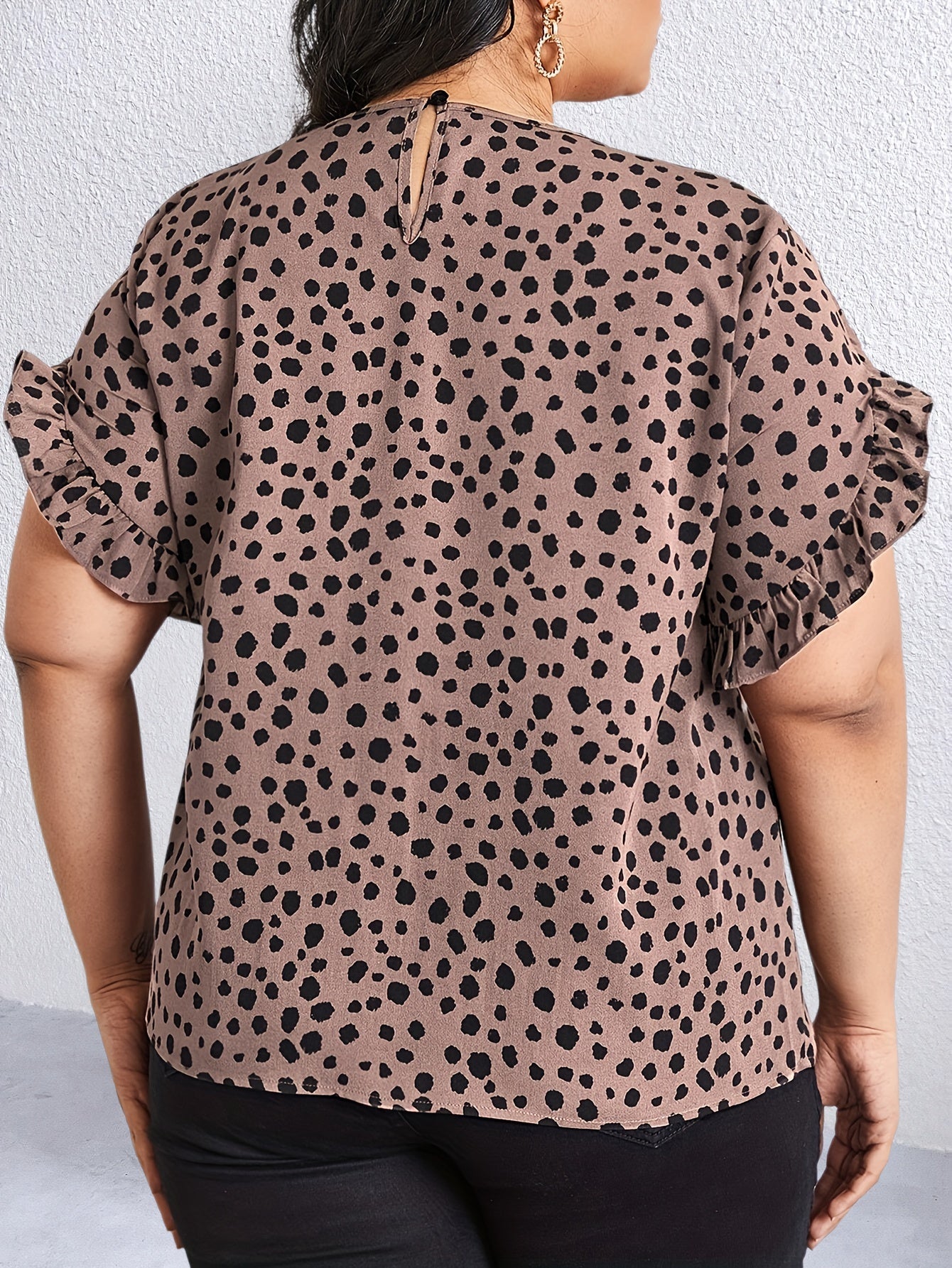 Women's Plus Leopard Print Ruffle Trim Petal Sleeve Round Neck Blouse