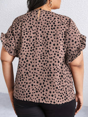 Women's Plus Leopard Print Ruffle Trim Petal Sleeve Round Neck Blouse