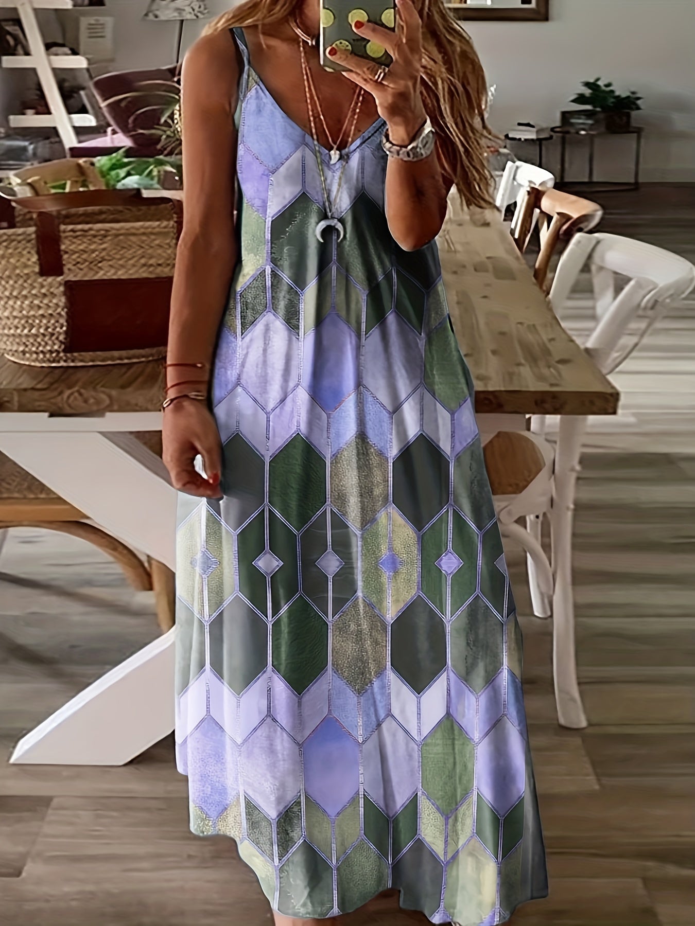  Geometric Print Cami Maxi Dress Spaghetti Strap V Neck Long Dress